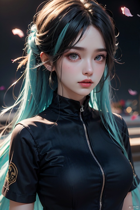  ((1girl)),kozuki hiyori, (3d rendering),(3d girl), ((solo)), Half body, details, (Long straight hairs),((blue-green hair:0.8)),big eyes,( detailed beautiful eyes), ( detailed face), (extremely detailed CG, ultra-detailed, best shadow), ((depth of field)), (loses black shirt),flowers and petals