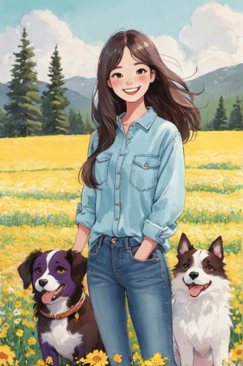  1girl,dog,purple eyes,long hair,smile,flower,looking at viewer,open mouth,blush,outdoors,denim,bangs,long sleeves,solo,shirt,pants,yellow flower,flower field,:d,field,holding the dog,turquoise shirt,teeth,brown hair,sky,day,black hair,cowboy shot,jeans,upper teeth only,standing,DCHF,twoha,