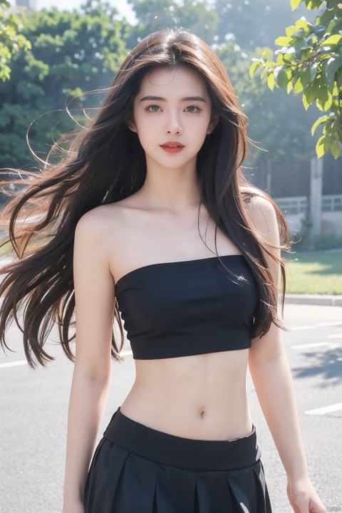  masterpiece,8K,best quality,1girl,smile,navel,long hair,breasts,solo,looking at viewer,midriff,realistic,blurry background,blurry,medium breasts,tank top,pencil_skirt,teeth,crop top,brown eyes,red lips,black hair,long hair,massive hair,light behind hair,hair in front,her hair rested on her shoulders,sun behind,slim hip,float hair,floating hair,flying hair,hair blown by the wind,white clouds behind,the broken hair in the front,messy shaggy hair,dust blown by the wind,mist in front,best quality,ultra high res,ice magic,light particles,sparkle,backlighting,loli,little girl,(child:0.5),13yo,rubber mesh clothes,(black and vibrant ruby red color),art by agnes cecile and agostino arrivabene and alberto dros,drawing,freeform,swirling patterns,doodle art style,little girl,Black miniskirt,Strapless,
