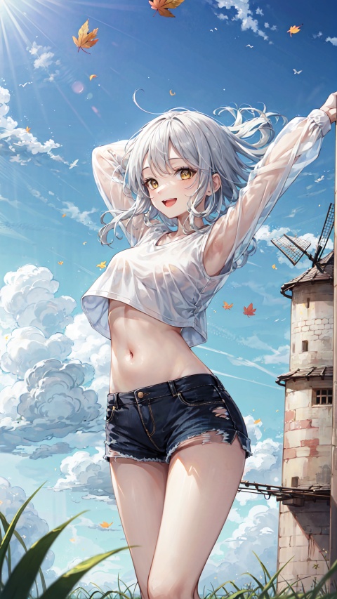  1girl, solo, outdoors, shorts, sky, long hair, cloud, navel, falling leaves, cutoffs, arms up, crop top, smile, grass, windmill, midriff, day, black shorts, long sleeves, floating hair, stomach, wind, blue sky, standing, open mouth, shirt, short shorts, denim, white hair, white shirt, yellow eyes, :d, torn shorts, feet out of frame, looking at viewer, denim shorts, leaf, thighs