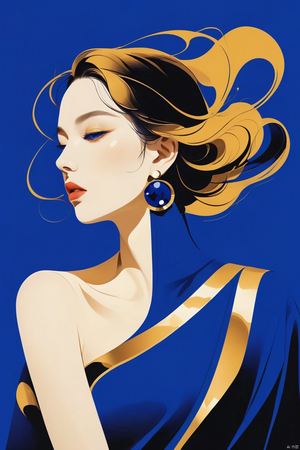  This vector illustration created in a surrealist style shows a fashionable girl wearing sapphire blue and gold clothing, striking an exaggerated pose that is characteristic of minimalist art.The background is pure Klein blue, which makes people feel pure and tranquil