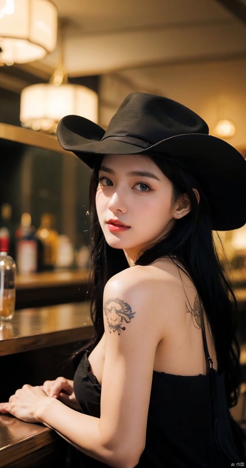  Villain League,A Western cowboy, cowboy hat, tattoo,in bar,in the dark Gothic style,dynamic poses,highly detailed,ultra-high resolutions,32K UHD,best quality,big breasts,masterpiece,,depth of field,Henry Caville,1girl