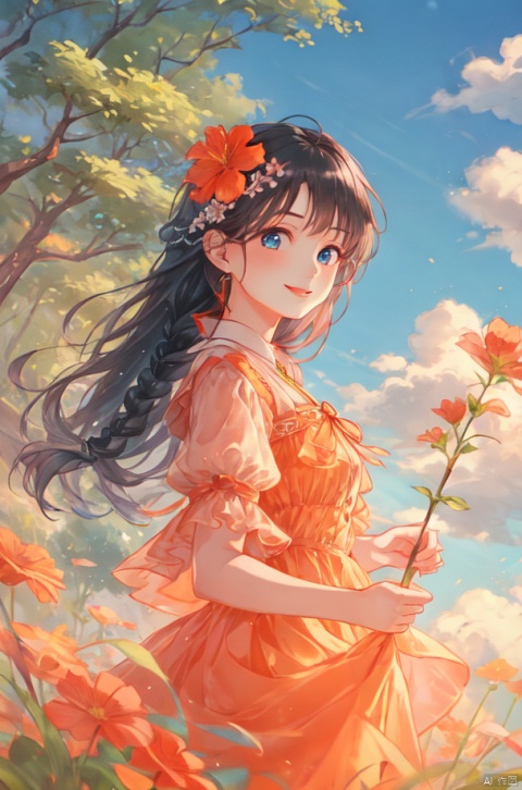  1girl, solo, smile,long hair, blue eyes, black hair, hair ornament, dress, holding, upper body, braid, flower, hair flower,tree, BY MOONCRYPTOWOW