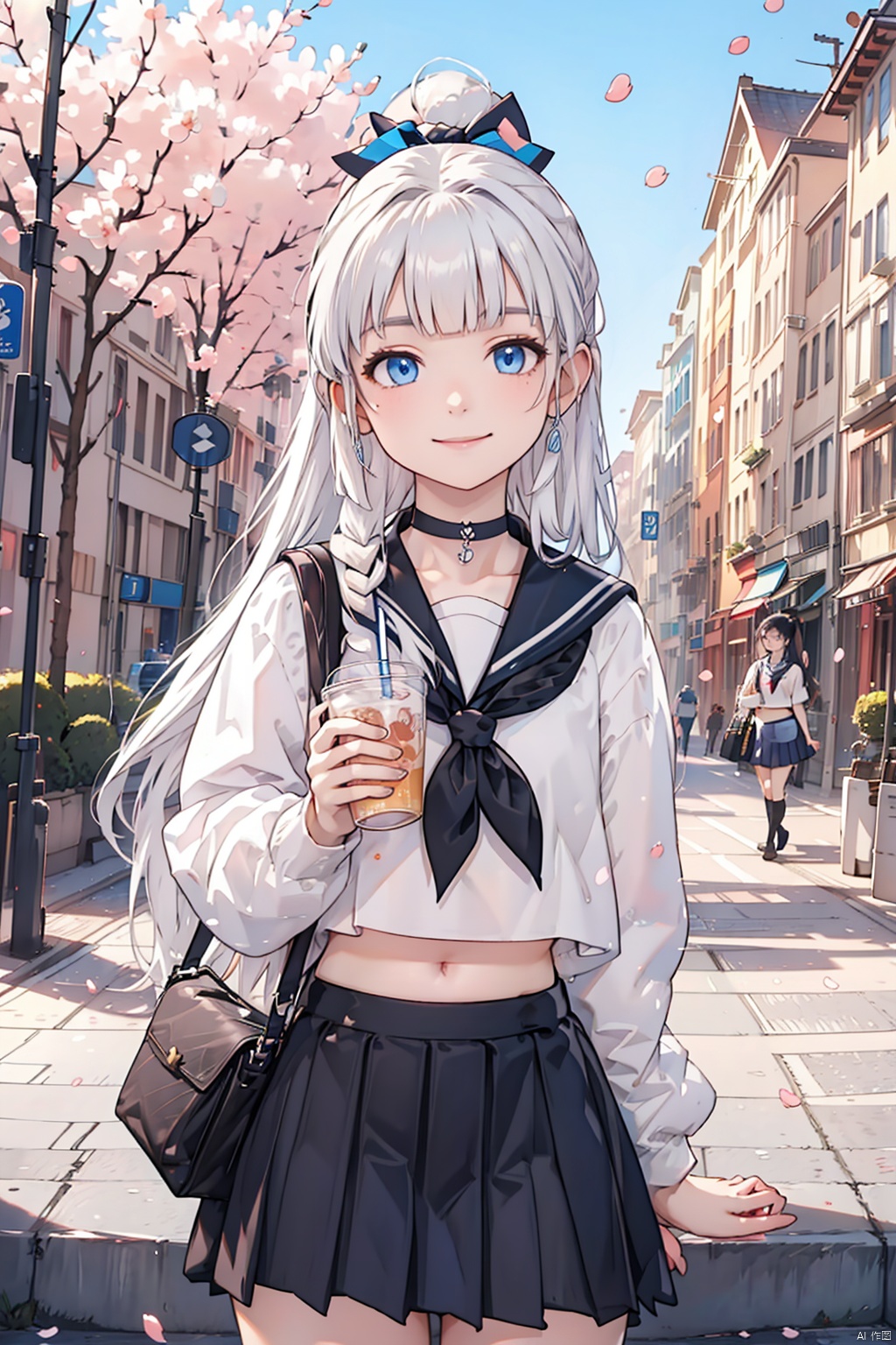  (best quality),(masterpiece),1girl, kamisato ayaka, skirt, solo, long hair, mole under eye, school uniform, blue eyes, pleated skirt, bag, smile, looking at viewer, sailor collar, white sailor collar, long sleeves, mole, holding, cup, ponytail, neckerchief, blue neckerchief, serafuku, school bag, ribbon, midriff, shirt, hair ribbon, white shirt, white hair, closed mouth, blue skirt, drinking straw, cowboy shot, crop top, holding cup, shoulder bag, cherry blossoms, alternate costume, disposable cup, outdoors, sky, keychain, petals, official alternate costume, very long hair, bag charm, choker, blunt bangs, blue sky, thighs