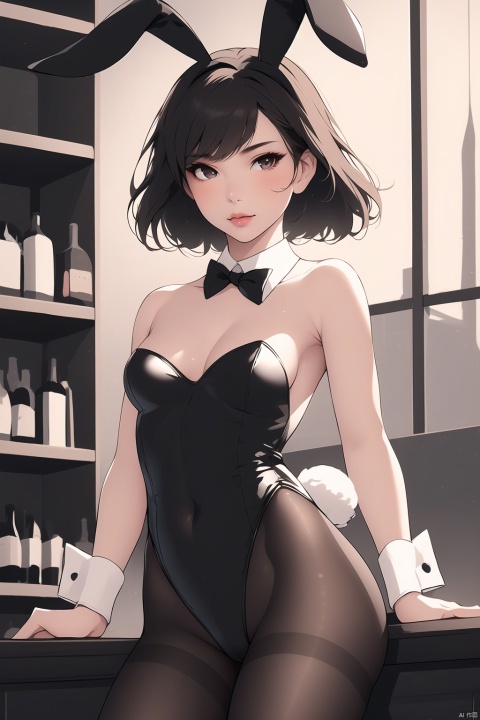  1girl, solo, breasts, looking at viewer, short hair, bangs, brown hair, black hair, bow, animal ears, brown eyes, tail, ass, pantyhose, indoors, bowtie, rabbit ears, high heels, leotard, lips, wrist cuffs, strapless, black bow, detached collar, fake animal ears, playboy bunny, bottle, rabbit tail, strapless leotard, black bowtie, realistic, white leotard, shelf, bar \(place\), counter