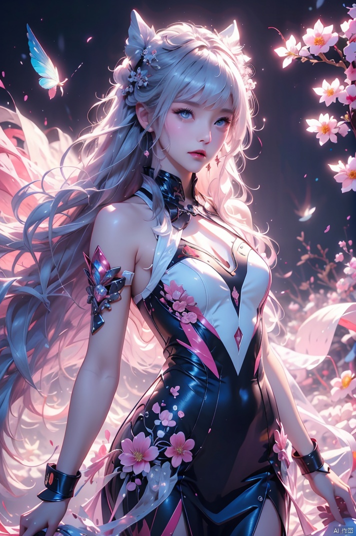  (masterpiece, top quality, best quality, official art, beautiful and aesthetic:1.2), 1girl standing under a peony tree,,frontal, blue eyes, white hair blowing in the wind, extreme detailed,(fractal art:1.3),colorful,highest detailed, Hanamawine,slightly falling snow,traditional Chinese ink painting, black and white ink painting, willow branches, Hanama wine, Pink Mecha