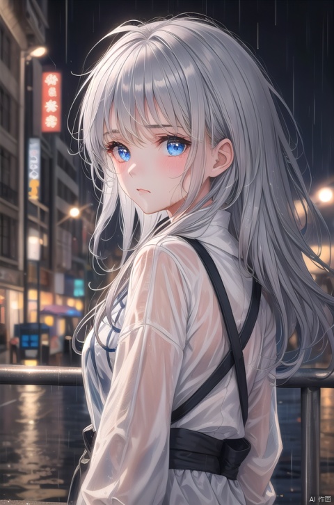  1girl, blue starry eyes, silver hair, long hair, [hair between eyes], messy hair, transparent raincoat, wet clothes, wet, wet hair, dripping, fatigues, (light frown), looking back, upper body, from side, close-up, street, neon lights, rain, city lights, night, (blurry background), looking from window, masterpiece,bestquality,