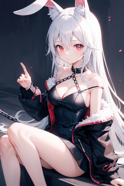  1girl, solo, animal ears, red eyes, dress, sitting, breasts, white dress, looking at viewer, white hair, chain, cleavage, jacket, bangs, off shoulder, medium breasts, closed mouth, bare shoulders, bare legs, black jacket, sleeveless dress, rabbit ears, strap slip, cat ears, collarbone, sleeveless, hair between eyes, animal ear fluff, hand between legs, long hair