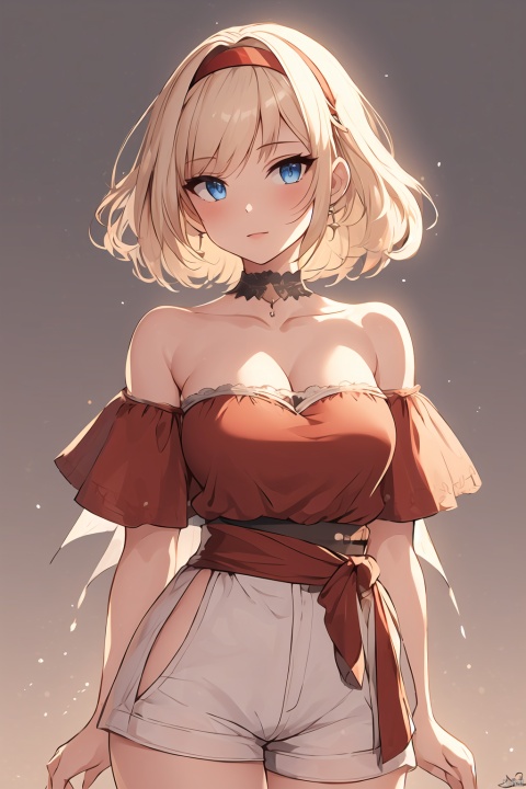  1girl, solo, breasts, looking at viewer, short hair, bangs, blue eyes, blonde hair, large breasts, shirt, cleavage, jewelry, collarbone, hairband, shorts, signature, collar, sash, strapless, red shirt, instrument, white shorts, red hairband, neck ring, waist cape, strapless shirt, irida \(pokemon\)