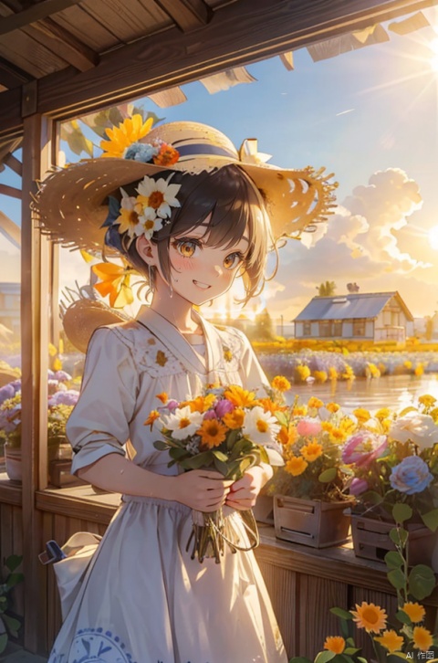  masterpiece, best quality, ultra-detailed, 1gir，1boy, ((((best quality)))), smiling, straw hat, planting Flowers, detailed colorful Flowers, watering Flowers, beautiful detailed sky, (((beautiful detailed cumulonimbs))), ((((sunshine)))), looking Flowers, (spoken heart), heart, sweat, beautiful detailed water, teeth, ((narrow eyes)), houtufeng, lhj
