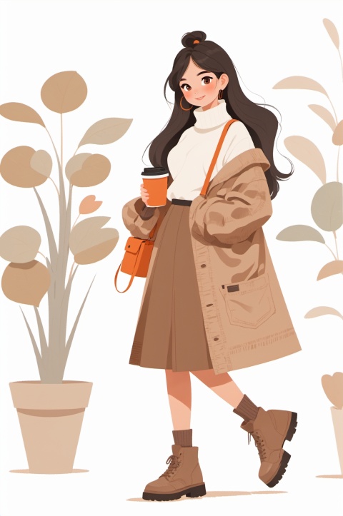  (\ji jian\), 1girl, solo, long hair, hoop earrings, jewelry, earrings, cup, holding, plant, full body, brown hair, holding cup, skirt, standing, smile, brown eyes, disposable cup, coat, bag, brown footwear, sweater, white background, looking at viewer, long sleeves, coffee cup, boots, blush, turtleneck, shoes, simple background, jacket, potted plant, shoulder bag, brown coat, brown skirt, antenna hair, handbag, long skirt, sleeves past wrists, hand in pocket, white sweater, turtleneck sweater
