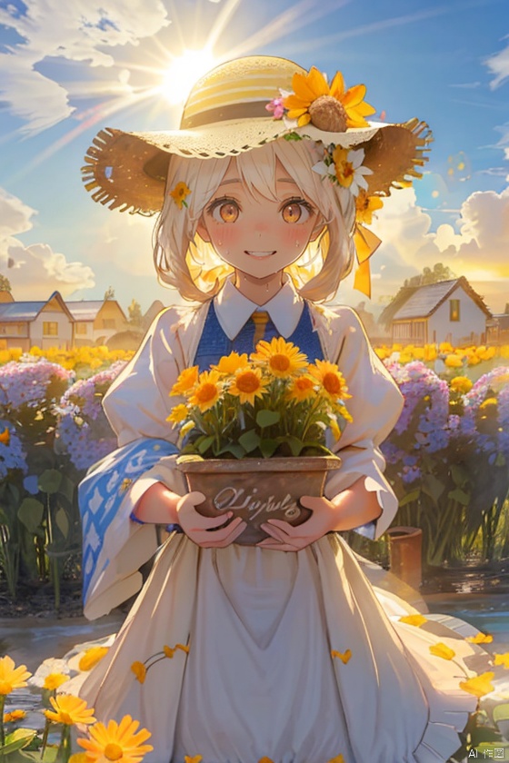  masterpiece, best quality, ultra-detailed, 1girl, ((((best quality)))), smiling, straw hat, planting Flowers, detailed colorful Flowers, watering Flowers, beautiful detailed sky, (((beautiful detailed cumulonimbs))), ((((sunshine)))), looking Flowers, (spoken heart), heart, sweat, beautiful detailed water, teeth, ((narrow eyes)), houtufeng, lhj