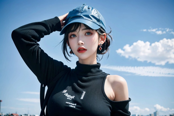  jijianchahua, 1girl, solo, blue eyes, hat, black hair, simple background, Blue sky and cloud background, long sleeves, baseball cap, earrings, looking at viewer, upper body, jewelry, black headwear, hand on headwear, closed mouth, bangs, short hair, nail polish, blue nails, arm up, hair between eyes, black sweater, sleeves past wrists, sweater,(large breasts:1.5), tifa, yunyun,wings, bsx, sufei