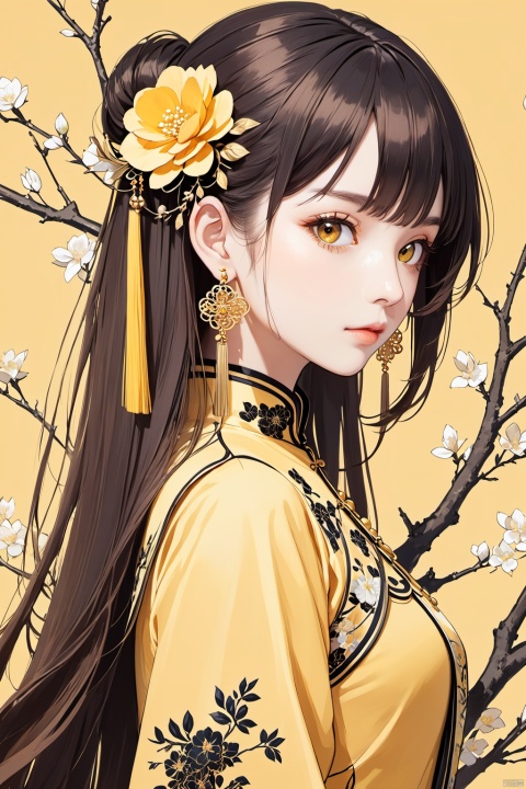  1girl, solo, long hair, looking at viewer, brown hair, black hair, hair ornament, long sleeves, ribbon, jewelry, closed mouth, upper body, flower, earrings, hair flower, from side, chinese clothes, yellow background, branch, yellow theme