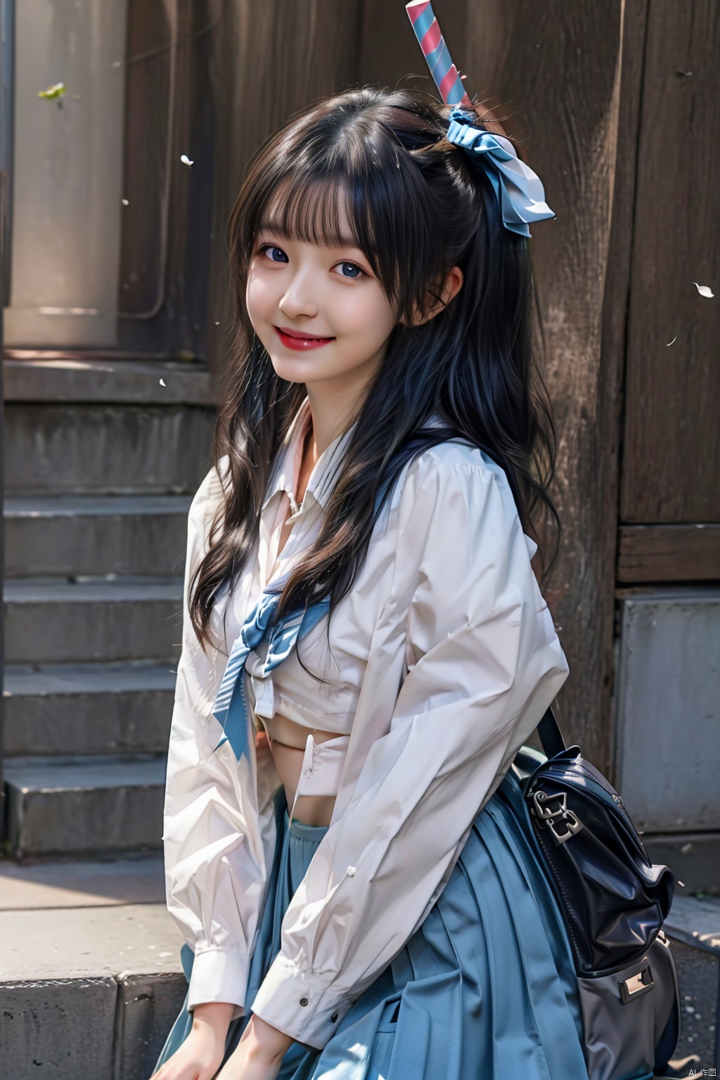  (best quality),(masterpiece),1girl, kamisato ayaka, skirt, solo, long hair, mole under eye, school uniform, blue eyes, pleated skirt, bag, smile, looking at viewer, sailor collar, white sailor collar, long sleeves, mole, holding, cup, ponytail, neckerchief, blue neckerchief, serafuku, school bag, ribbon, midriff, shirt, hair ribbon, white shirt, white hair, closed mouth, blue skirt, drinking straw, cowboy shot, crop top, holding cup, shoulder bag, cherry blossoms, alternate costume, disposable cup, outdoors, sky, keychain, petals, official alternate costume, very long hair, bag charm, choker, blunt bangs, blue sky, thighs