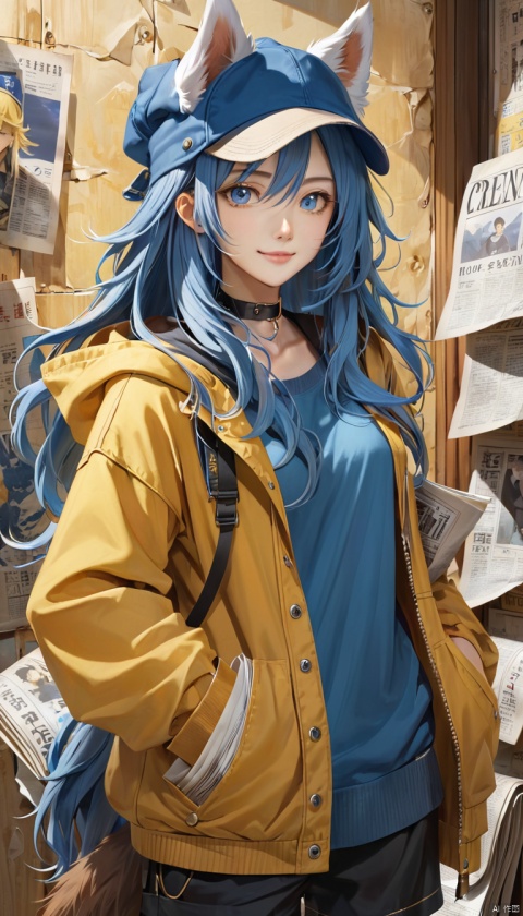  long hair, big hair, hair flowing over, messy hair, blue eyes, choker, closed mouth, collar, dog tail, hand in pocket, hat, hat with ears, hood, hoodie, jacket, yellow jacket, long hair, long sleeves, looking at viewer, nail polish, open clothes, open jacket, newspaper wall background, smile, solo, (\MBTI\), (\ji jian\), babata, jiqing, (/qingning/), cloud
