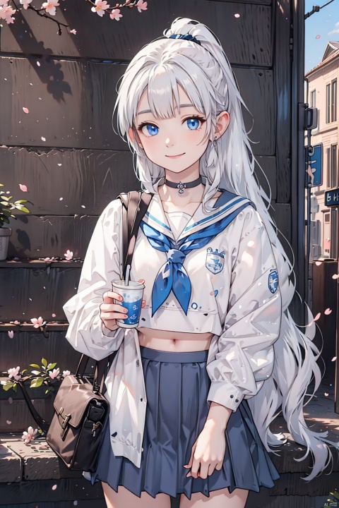  (best quality),(masterpiece),1girl, kamisato ayaka, skirt, solo, long hair, mole under eye, school uniform, blue eyes, pleated skirt, bag, smile, looking at viewer, sailor collar, white sailor collar, long sleeves, mole, holding, cup, ponytail, neckerchief, blue neckerchief, serafuku, school bag, ribbon, midriff, shirt, hair ribbon, white shirt, white hair, closed mouth, blue skirt, drinking straw, cowboy shot, crop top, holding cup, shoulder bag, cherry blossoms, alternate costume, disposable cup, outdoors, sky, keychain, petals, official alternate costume, very long hair, bag charm, choker, blunt bangs, blue sky, thighs