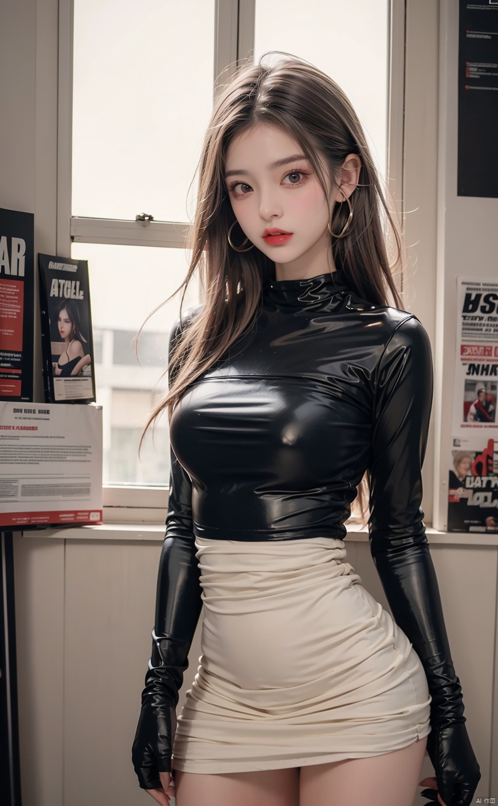  1girl,(tight latex clothing), optimum,tmasterpiece,A high resolution,best qualtiy,hyper HD,super detailing,Award-Awarded,,anatomy correct,Beautiful cyberpunk girl,cute face,,Gradient Beige Hair,Hairline,（（Scarlet eyes））,long eyelasher,Hanging eye corners,White skin of the,（small boobs）,（Slim body）,ear studs,（neck rings）,（Laser material clothing：1.2）, rousi, dress