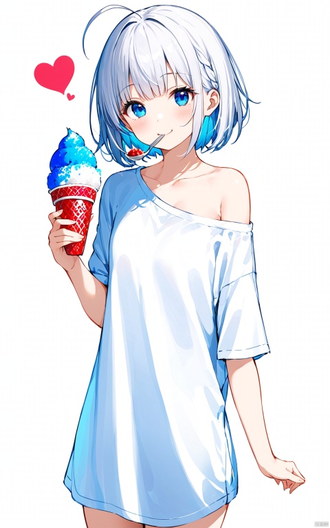  (masterpiece),(bestquality),nai3,loli,1girl, solo, blue eyes, off shoulder, shirt, holding, white background, antenna hair, spoon, looking at viewer, white shirt, food, short hair, utensil in mouth, smile, holding spoon, simple background, collarbone, bangs, white hair, shaved ice, bare shoulders, heart, blush, spoken heart, cowboy shot, closed mouth, ice cream, single bare shoulder, short sleeves, standing, off-shoulder shirt, eating, naked shirt