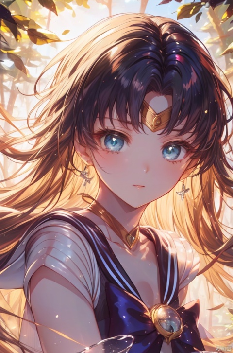  The beautiful warrior Sailor Moon is running through the forest, captured in a close-up, front-facing, high-definition shot with a long-focus lens, basking in natural light. Her flowing, bright-colored hair exudes confidence., (\shen ming shao nv\), msn, jellyfishforest, jiqing, (\MBTI\)