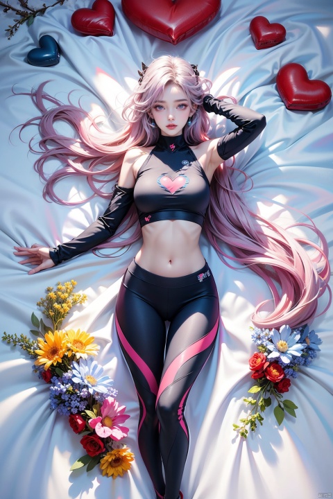  1 girl, (light gray tight yoga suit), multi-color hair, pink hair, butterfly headband, white esports earphones, (snow), full body, lying down, navel, fair and transparent skin, viewed from above, represented by heart shape, decorated with blue heart shape, using a large number of heart shapes, using a large number of blue heart shapes as background, using a large number of blue, using a large number of blue flowers, soft light, masterpiece, best quality, 8K, HDR,