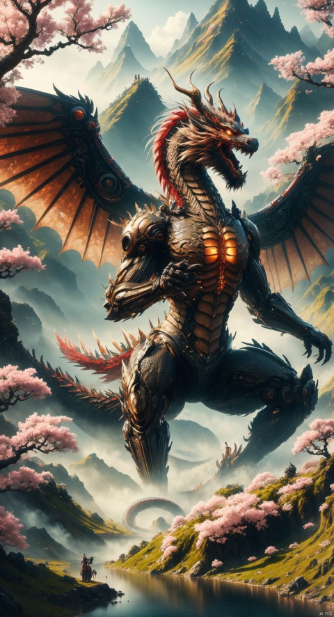 A handsome Chinese dragon with dynamic posture, a huge body, a sense of mystery, and beautiful mechanical wings. It lies by the lakeside, looking at the cherry blossoms falling from the sky, surrounded by blooming cherry trees and distant cherry blossom scenery. High-quality image of a majestic Chinese dragon with mechanical wings lying by a lake under a cherry blossom tree, gazing at the sky, with a mysterious atmosphere, trending on ArtStation, trending on CGSociety, intricate, high detail, sharp focus, dramatic, photorealistic painting art by midjourney and greg rutkowski., cyberpunk