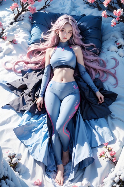  1 girl, (light gray tight yoga suit), multi-color hair, pink hair, butterfly headband, white esports earphones, (snow), full body, lying down, navel, fair and transparent skin, viewed from above, represented by heart shape, decorated with blue heart shape, using a large number of heart shapes, using a large number of blue heart shapes as background, using a large number of blue, using a large number of blue flowers, soft light, masterpiece, best quality, 8K, HDR,