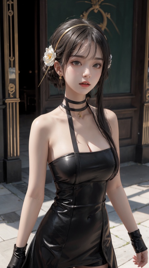 masterpiece, best quality, ,yor briar,1girl,white hairband,Black leather dress,cowboy shot,large breasts, ,hair flower,gold hairband,