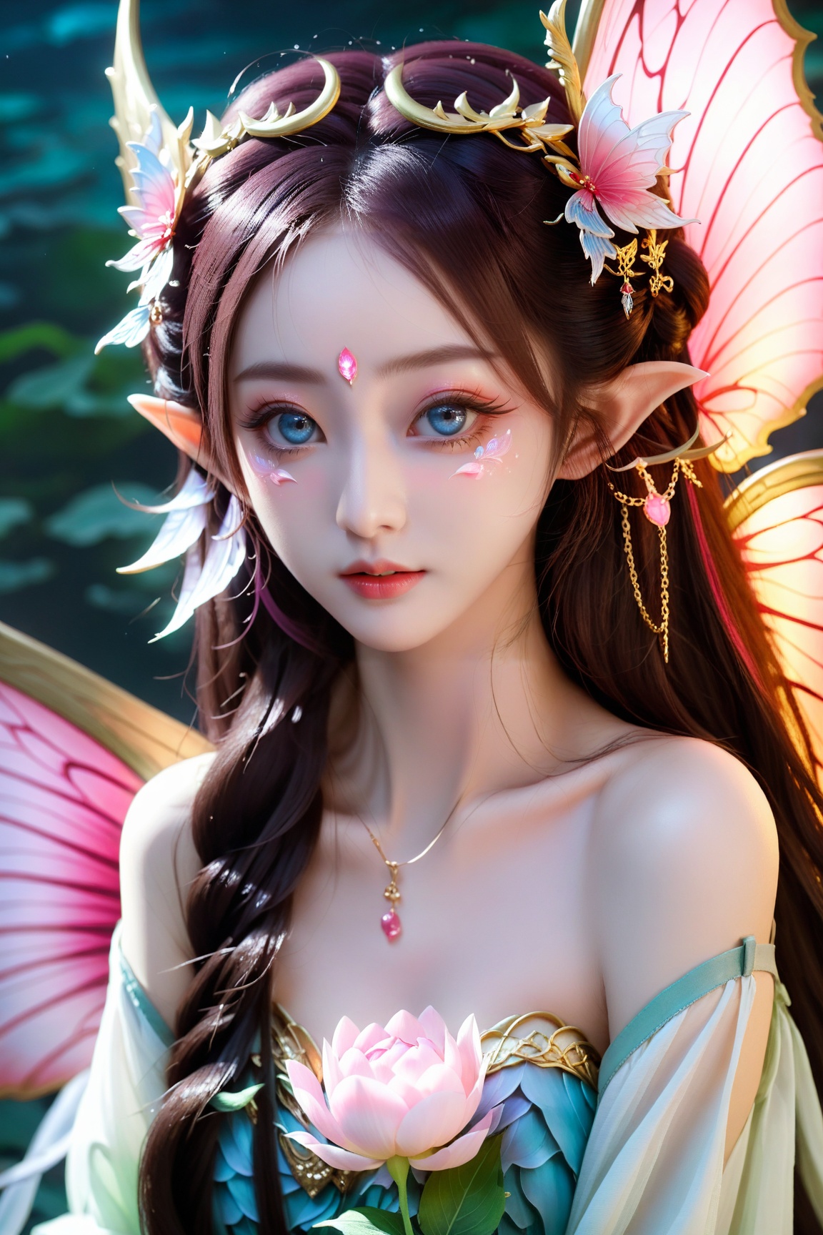  masterpiece,hyperdetail,elf(dragon'scrown),3d,DepthofField,peonyflowerdied,dotheghostalsocharming,huapighost, cure beauty,Beautiful eyes,Beautiful face makeup, dazzling fairy crown,Pink eyes,With wings on his back,Transparent,glowing butterfly wings,yokozuwari, Bedtime Stories,,wide shot,6-12yifu,Long hair is flowing,,palace,Alien civilization, guofeng, bailong plant girl,a girl made of dead plants, (\shen ming shao nv\),a girl made of fresh plants,a girl made of red plants, hell,mermaid