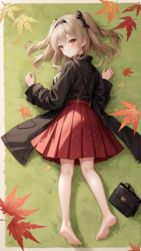  1girl, solo, skirt, coat, shimada arisu, long hair, *****hose, red skirt, looking at viewer, lying, on stomach, shirt, suspenders, hair ribbon, brown eyes, ribbon, bangs, looking back, long sleeves, no shoes, brown coat, blush, black shirt, feet, soles, one side up, ***, closed mouth, casual, bag, leaf, maple leaf, coat removed, pleated skirt, full body, suspender skirt, autumn leaves, simple background, from behind, black ribbon, hairband, open coat, black *****hose, legs up, light brown hair, toes