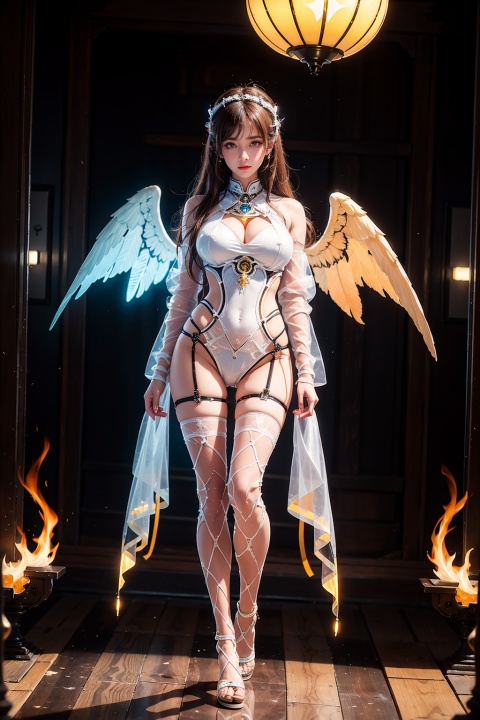  (8k, best quality, masterpiece), majestic,cinematic lighting,strong contrast,beautiful and aesthetic, Daytime background, (sun shining:1.2), (one angel girl:1.2),cyberhanfu,with wings, red eyes, golden hair, long hair, drill hair, solo,The whole body, bloom, Angel halo, (White Angel Wings:1.2),glowing skin,beautiful legs,Gorgeous royal pattern,gorgeous hanfu,castle,(full body shot:1.2),Angel,Glowing wings, nice shoes, (😇), (flying:1.2), (huge wings: 1.4),yuhuoshu, flame, Film filter,Satan, Hellfire, cheongsam,Chinese art,Mecha girl sexaroid,1,Mecha girl figure