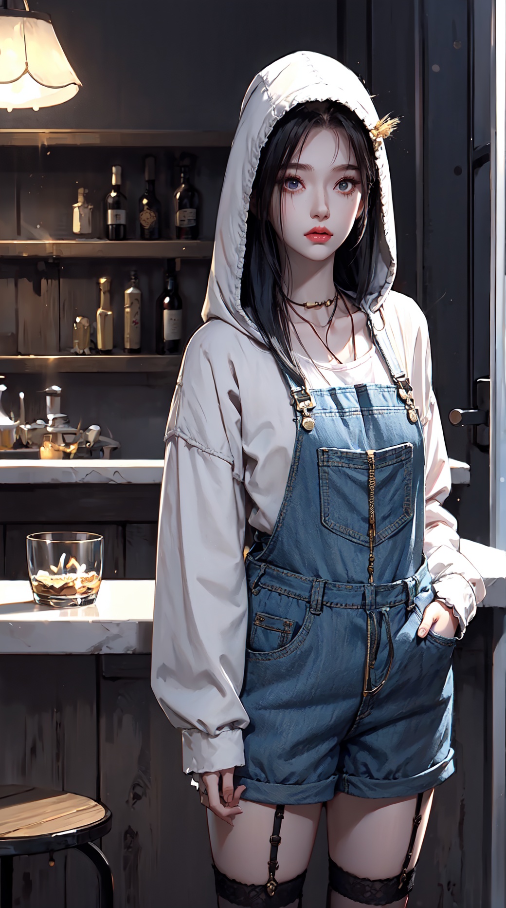 1girl, silver hair, very long hair, center parted bangs bangs, hooded sweatshirt blue dungarees garter straps loafers, sci-fi in bar midnight,