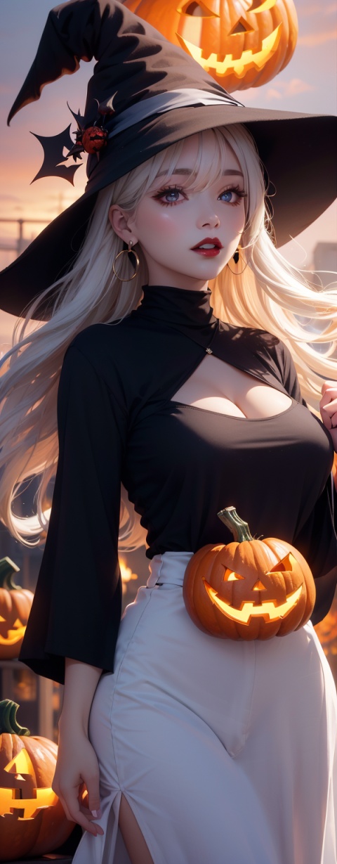  1girl,solo, photo realistic,evil look,earrings,jewelry,hat,red eyes,jack-o'-lantern,pointy ears,looking at viewer,white long hair,witch hat,halloween,upper body,dress,pumpkin,white hair,black dress,breasts,black headwear,glowing,bangs,witch,thorns,black background,blood lips,medium breasts,fire,3D rendering,zichun