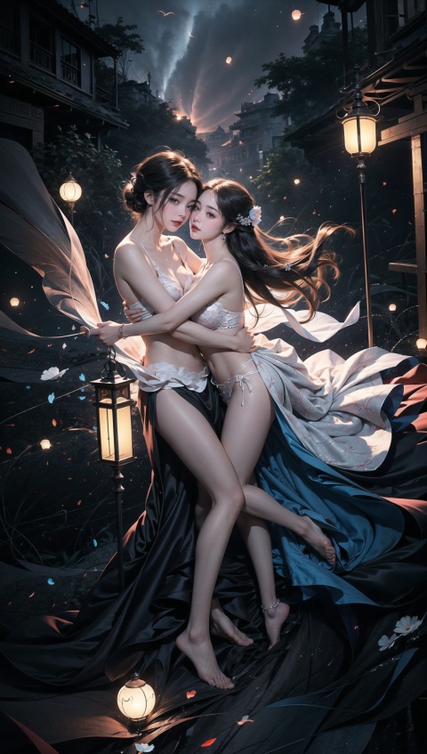  A couple, embracing, kissing, having sex,,((((A man and a woman)))).dancing gracefully on the ruins, with butterflies, fireflies, and Kong Ming Lanterns in the background. The queen has a charming expression and seductive posture, holding her face in her hand. The background is filled with evil energy runes, blood mist, and soft light. The water below is sparkling. Bianhua, Shuihua, with a plump chest, a bra, revealing the navel, and black stockings. Official art, unit 8 k wallpaper, ultra detailed, beautiful and aesthetic, masterpiece, best quality, extremely detailed, dynamic angle, paper skin, radius, iuminosity, cowboyshot, the most beautiful form of Chaos, elegant, a brutalist designed, visual colors, romanticism, by James Jean, roby dwi antono, cross tran, francis bacon, Michael mraz, Adrian ghenie, Petra cortright, Gerhard richter, Takato yamamoto, ashley wood, atmospheric, ecstasy of musical notes, streaming musical notes visible, flowers in full bloom, many birds of parade, deep forests, night, atmosphere, rich details, full body shots, shot from above, shot from below, detailed background, beautiful sky, floating hair, perfect face, exquisite facial features, high details, smile, dynamic angle, dynamic posture,Fractal,nagisadef,girl,Chinese style,anime,danjue