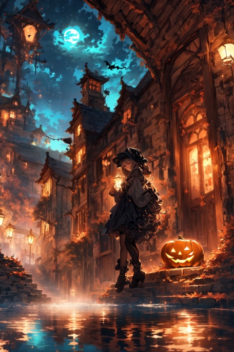  Halloween floating lights, 1girl,cinematic light and reflections, Glowing lights, Intermediate metaverse elements,Digital painting, glowing reflections, Pondering, Halloween Jack Lantern, calm evening, Digital illustration, Beautiful atmosphere, Skylight at night, Peaceful evening atmosphere, Jack-o'-lantern, Halloween, the night, themoon, game scenes, Halloween, Surrounded by clouds, ( (Splash ink ) ), ((Splash ink) Inky})), tmasterpiece, high qulity, Beautiful graphics, high detal,Magnificent JaLanteen,
