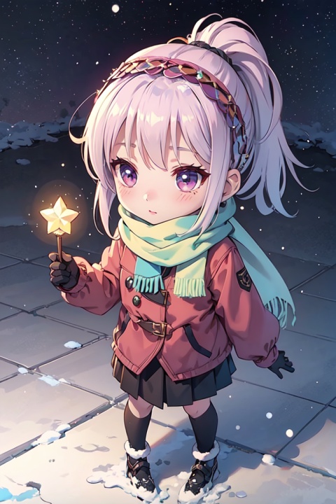 masterpiece,best quality,official art,extremely detailed CG unity 8k wallpaper,1girl, high ponytail, winter uniform, scarf, pov,full body, chibi, starry background, aurora, snowing, , the bride_light yarn,final,high ponytail