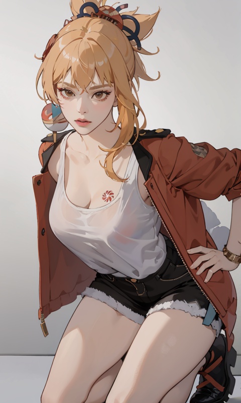 best quality, ultra high res, photoshoot, (photorealistic:1.4), 1girl, solo, brown eyes, she is wearing streetwear, cropped shirt with jacket, looking at viewer, facing front, wide angle, makeup, full body, nami, one piece, nami from onepiece, sexy, hot,yoimiya \(genshin impact\), blonde hair,ponytail, hair ornament, big_breast,cleavage,chest tattoo,1girl, bare_legs, kneeling, yokozuwari