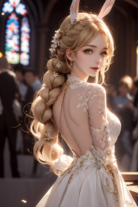  depth of field, dynamic angle, (beautiful delicate face:1.1), solo,
(1girl:1.3), (blonde hair), long hair, (messy hair), (green eyes:1.1), small breasts, swept bangs, glowing eyes, 
(white coat), long_sleeves, gloves, 
smile,upper body, 
stained glass, (backlighting:1.2), rim light, shadow,fantasy,light,cowboy_shot,lens_flare,dress,braided_hair,headwear,crystal