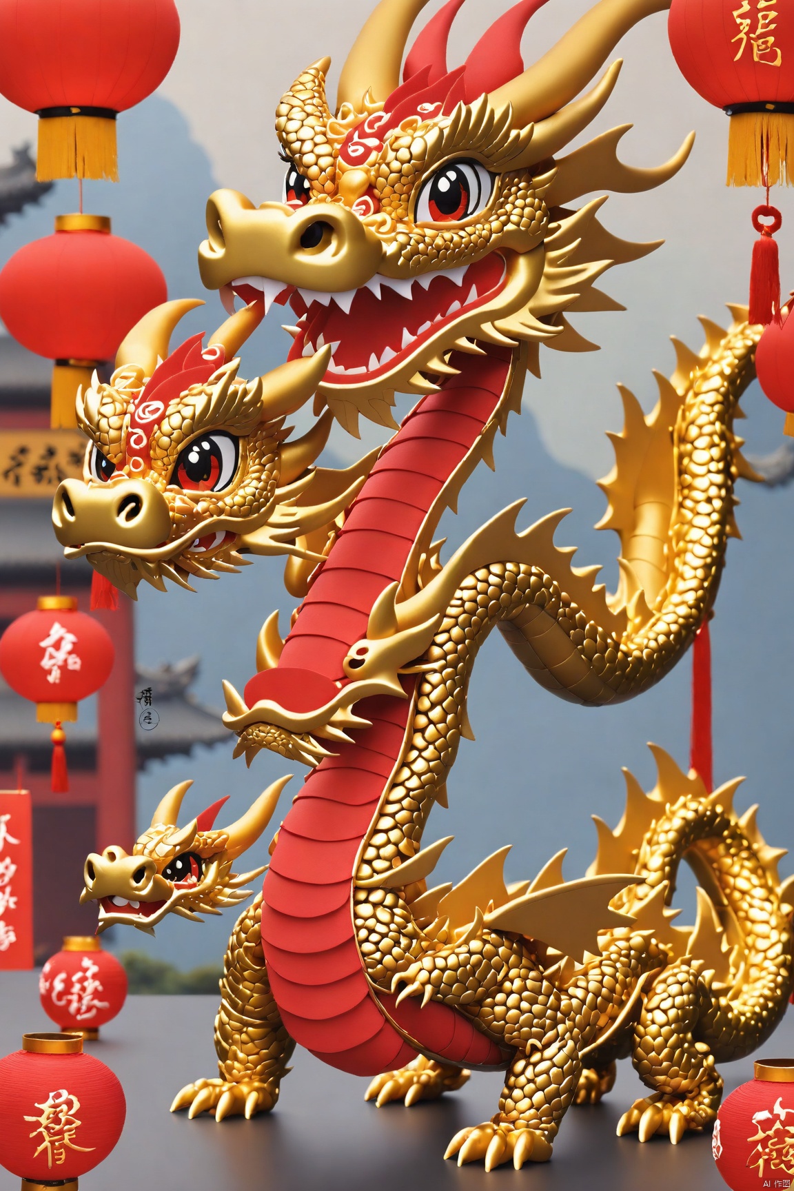  masterpiece,best quality,Fine detail,year of the dragon,Cute,Chinese dragon,3d toon style, bailing_eastern dragon,On the cornucopia,Red lanterns, gold and silver jewelry,The character "fortune", BJ_Sacred_beast_Illustration