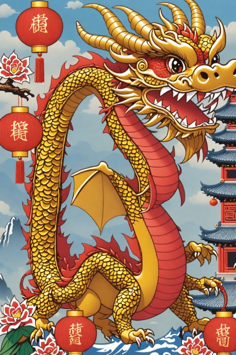  masterpiece,best quality,Fine detail,year of the dragon,Cute,Chinese dragon,3d toon style, bailing_eastern dragon,On the cornucopia,Red lanterns, gold and silver jewelry,The character "fortune", BJ_Sacred_beast_Illustration