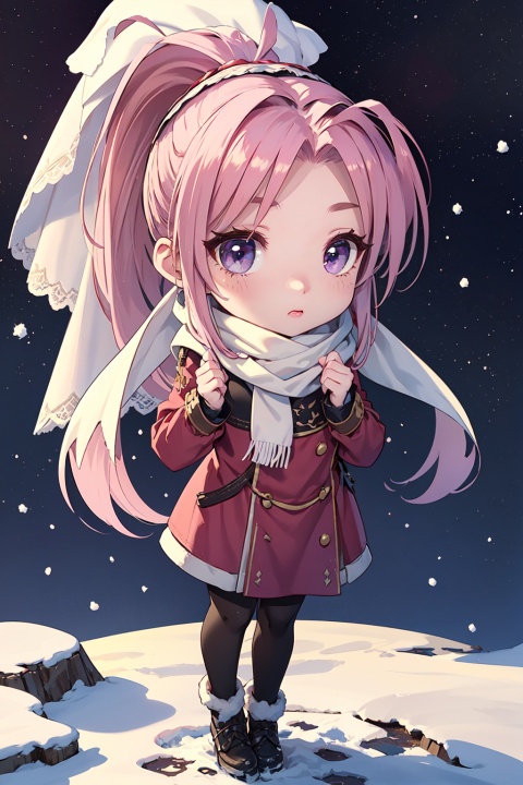 masterpiece,best quality,official art,extremely detailed CG unity 8k wallpaper,1girl, high ponytail, winter uniform, scarf, pov,full body, chibi, starry background, aurora, snowing, , the bride_light yarn,final,high ponytail