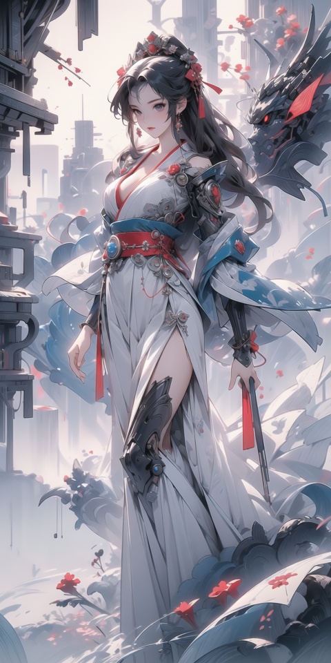  (best quality),(masterpiece),an extremely delicate and beautiful queen,perfect face,extremely detailed,Amazing,finely detail,official art,ultra-detailed,highres,beautiful detailed girl,light on face,
a women standing in front of a dragon,long,no humans,dragon,(floating hair),mecha,(mechanical mecha),yushuishu,water,waves,Filled with water energy,Mecha all,Honey Mecha,machinery,mountainBuilding,outdoors,day, sky, water,tree,科技,cyberhanfu,MountainBuilding,Mecha girl figure,Ink painting,nsfw,fashion,cleavage,sexy,big_breasts,breast_expansion