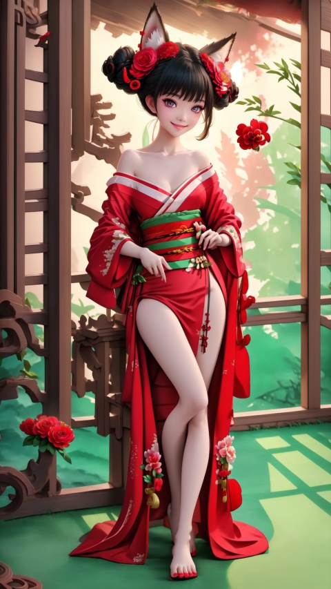 Full body. Cinematic face lighting,bright backlight,medium breasts,super high resolution,best quality,Photos,4k,(Realistic:1.2),huyao,1girl,red eyes,fox ears,hair ornament,hair flower,kimono,black hair,flower,solo,looking at viewer,hair bun,feet101,1 girl. Fox mask. ,Chinese art, She wears green dudou inside and red hanfu outside. Nude feet and red nails.,1 girl,feet,shidudou