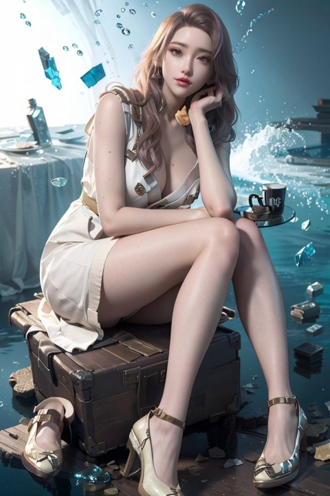 8K,UHD,FHD,Best quality,masterpiece,ultra high res,(photorealistic:1.4),dutch angle,zhui,1girl,solo,dress,shoes,lips,falling,glass,broken glass,male perspective,light blonde,underwater,film light,youyou