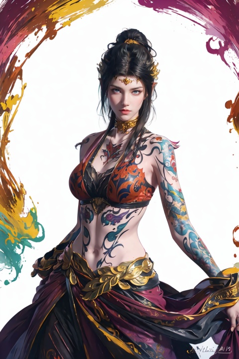  offcial art, colorful, Colorful background, splash of color, A beautiful woman with delicate facial features, The chest is large, tattoo all over body, Flower arms, Colorful and colorful silks cover the body, The looming body, Sideways photo,SAIYA,((Ylvi-Tattoos,tattoos)), BJ_Sacred_beast
