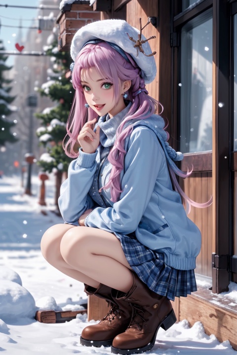  1girl, solo, snowman, pantyhose, squatting, hat, looking at viewer, green eyes, bangs, open mouth, long sleeves, earrings, scarf, jewelry, blush, snow, skirt, smile, boots, artist name, braid, beret, fingernails, shiny, ribbon, shiny hair, full body, outdoors, pleated skirt, coat, heart, hair ribbon, snowing, turtleneck, :d, sleeves past wrists, ankle boots, brown footwear, sweater, own hands together, jacket, nail polish, hands up, signature, plaid scarf, winter, plaid, winter clothes
