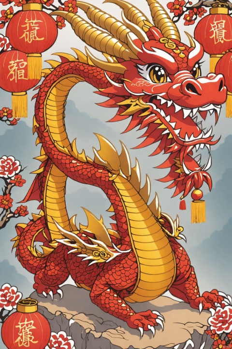  masterpiece,best quality,Fine detail,year of the dragon,Cute,Chinese dragon,3d toon style, bailing_eastern dragon,On the cornucopia,Red lanterns, gold and silver jewelry,The character "fortune", BJ_Sacred_beast_Illustration