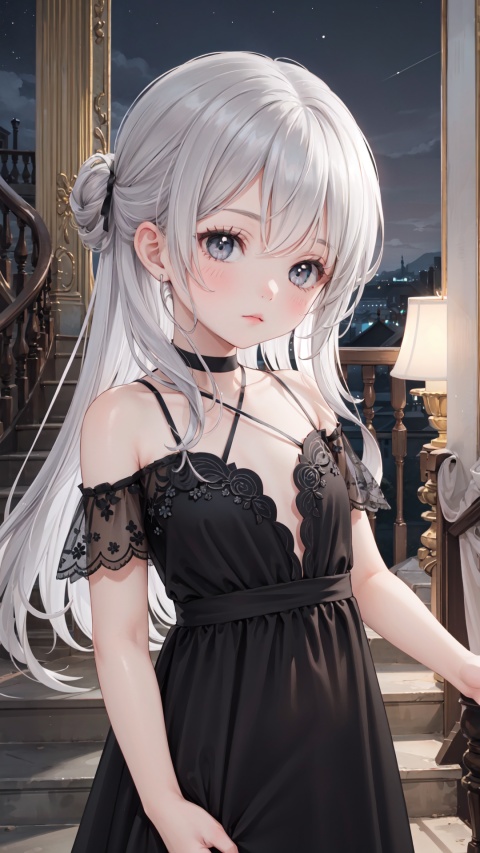  best quality, masterpiece,,(solo),(close up),,a little girl,10 years old,bright silvery hair,(long hair),gray eyes,floating hair,,night gown,(black gown:1.4),bare shoulders, updo,,in palace,hall,stair railing,