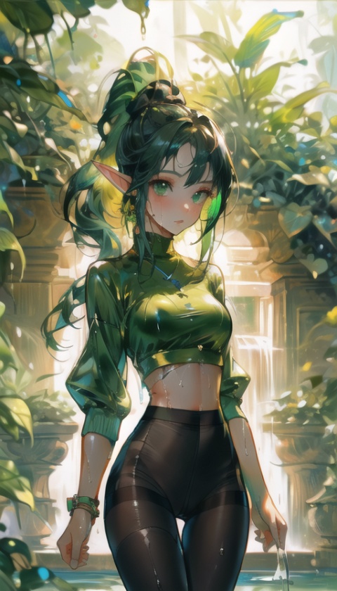/+/+/best shadows/+/+/depth of field
green hair/+/+/green eye/+/+/high ponytail/+/+/Long hair/+/+/younger girl/+/+/elf
Garden of Eden, wet crop top, /+/+/ no pants/+/+/(white wet pantyhose)

**all_breasts/+/+/papilla, /+/+/cameltoe,, 
handsome
/+/+/High definition/+/+/ high contrast/+/+/ high saturation,