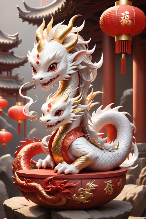  masterpiece,best quality,Fine detail,year of the dragon,Cute,Chinese dragon,3d toon style, bailing_eastern dragon,On the cornucopia,Red lanterns, gold and silver jewelry,The character "fortune", arien_hanfu, 